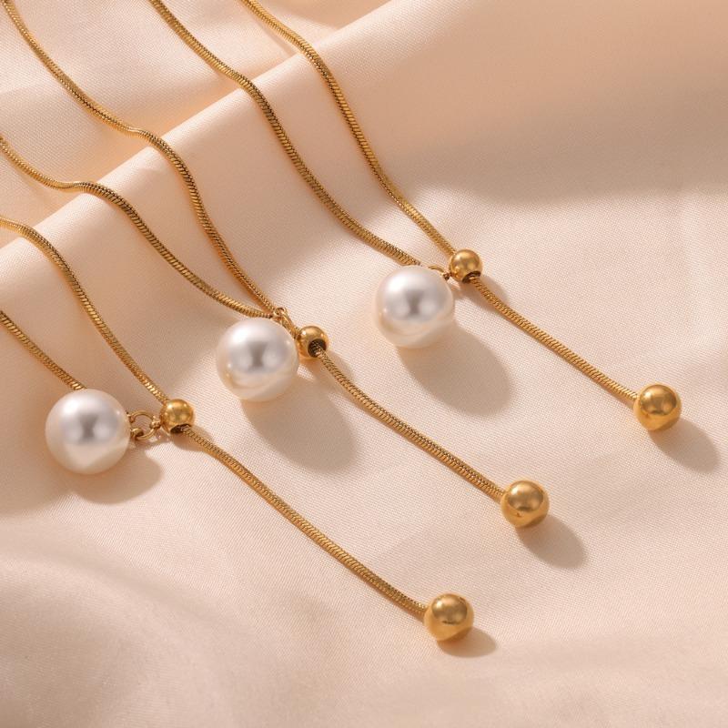 Fashion Minimalist Gold Plated Titanium Steel Pearl Pendant Necklace For Women