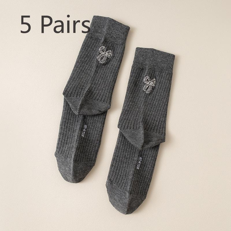 5 Pairs Socks Autumn Women's Cotton Mid Calf Ballet Style Cream Heel Embroidery Bow Anti Pilling Grey Stacked Socks
