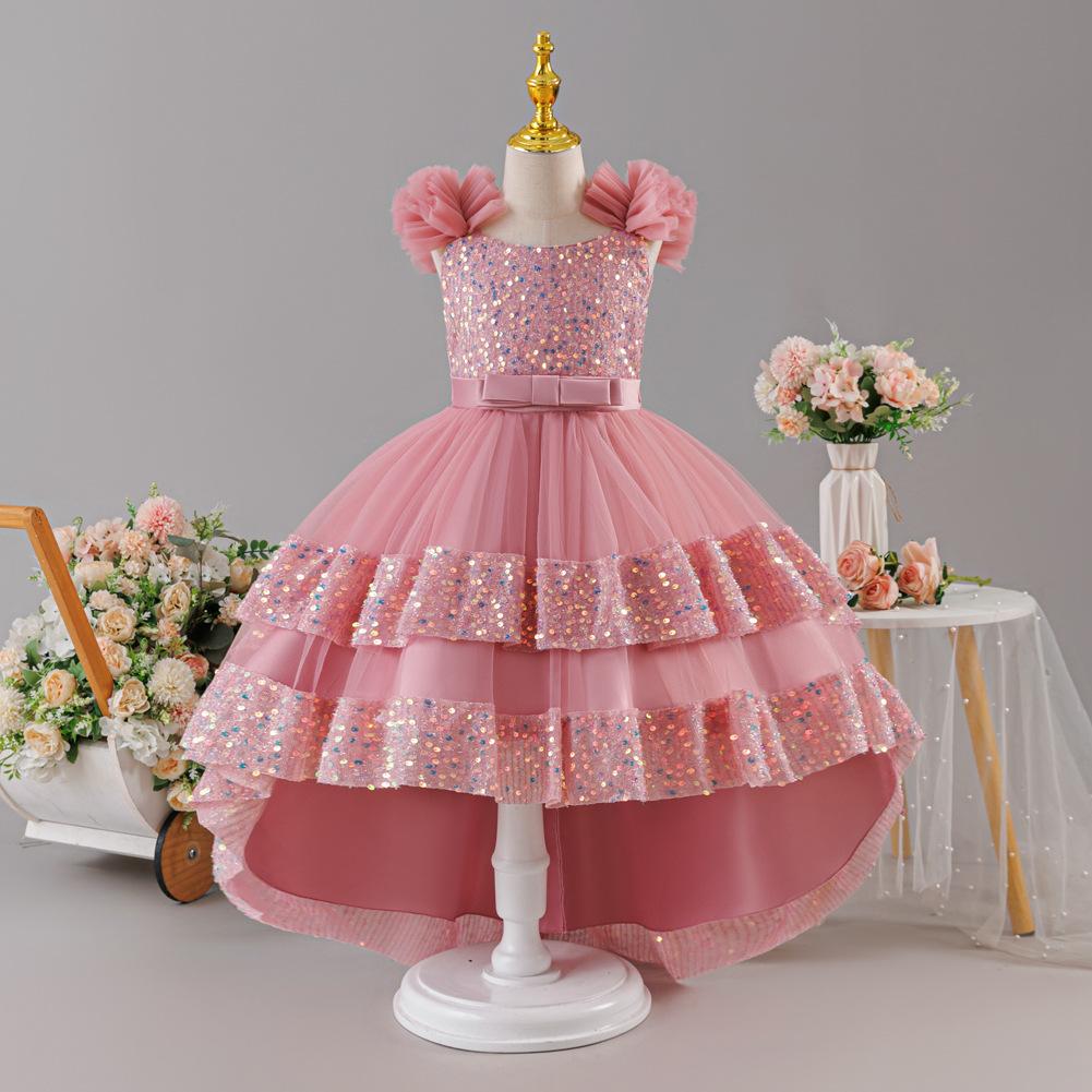 Pailletten-Prinzessinnenkleid: Formelles Kleid für Mädchen für Geburtstage und Partys – Schleife, Pailletten, Trägerlos, Schleppe