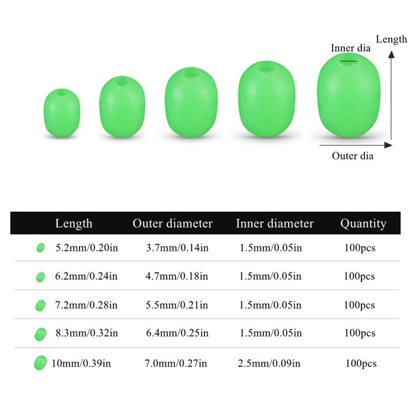100Pcs Cylindrical Luminous Soft Fishing Beads 5 Optional Sizes 5.2mm 6.2mm 7.2mm 8.3mm 10mm Practical Sea Fishing Tackle Accessories
