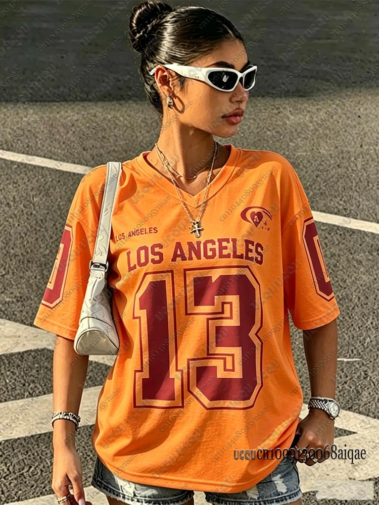 Los Angeles Nr. 13 Bedrucktes T-Shirt Für Damen Sommer V-Ausschnitt Kurzarm Sport Fußballtrikot Lässig Y2K Locker Übergröße Oberteile