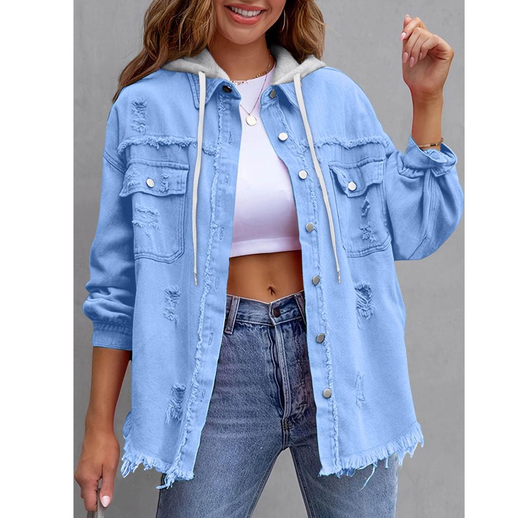 Neue Jeans-Kapuzenjacke, Damen-Einfarbige Lockere Jacke, Gerissene Langarm-Jeanshemd für Damen