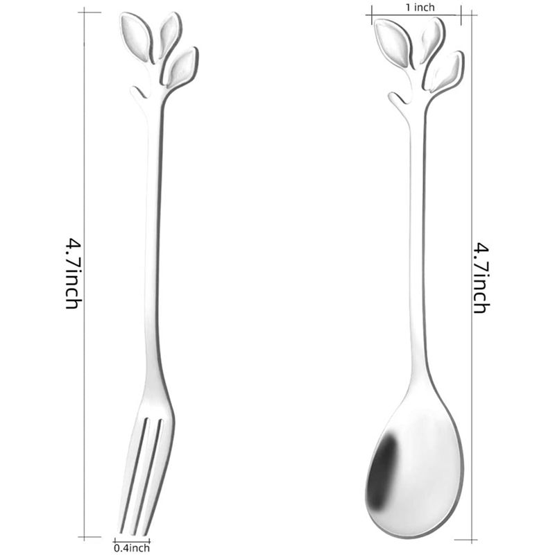 A84X-Dessert Spoon Fork Set,20 Pcs 4.7 Inch Cake Fork,Coffee Spoon,Creative Silver Leaf Fruit Fork,(20 Spoon + 20 Fork)