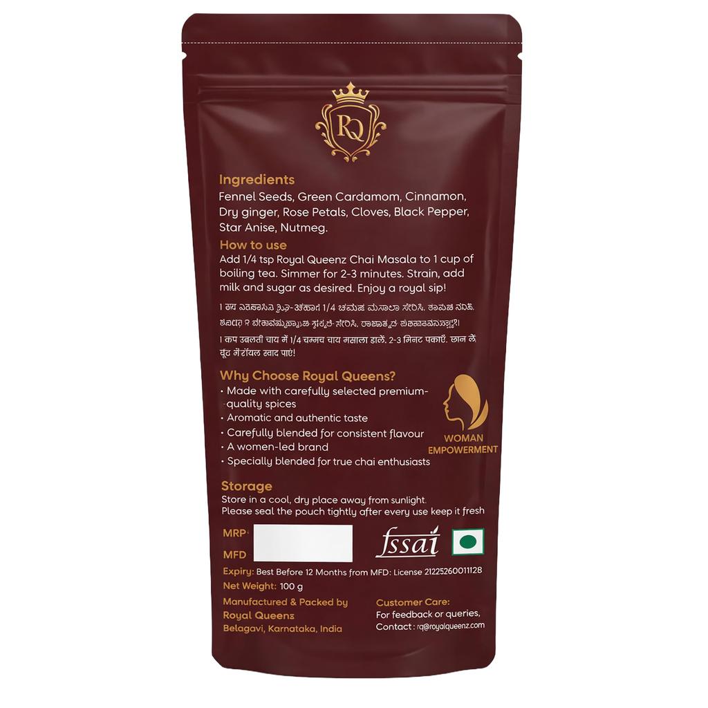 Proszek Royal Queenz Chai Masala | Premium Mieszanka Indyjskiej Herbaty Masala | Naturalne Aromatyczne Przyprawy do Kadak Chai | 100g
