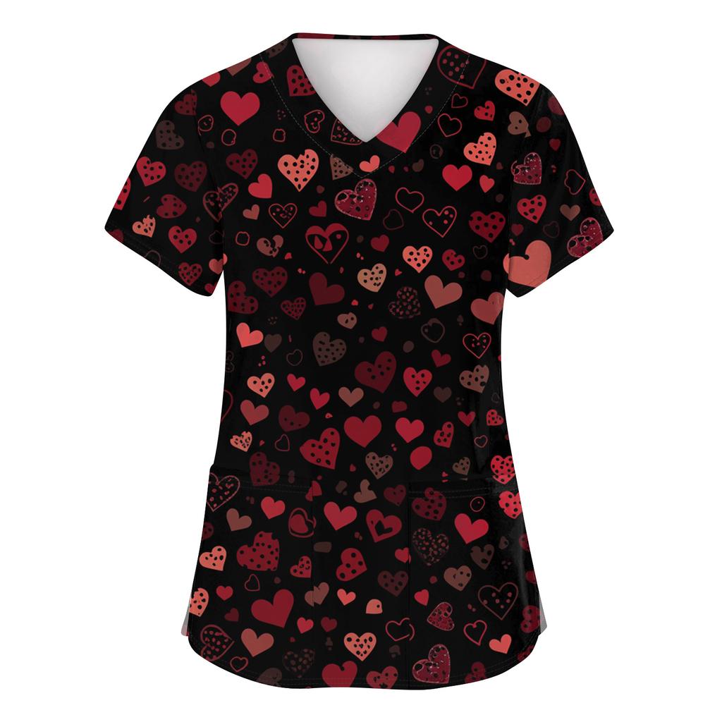 Women's Fashion Short-Sleeve Valentine's Day Print V-Neck Pocket Workwear Top