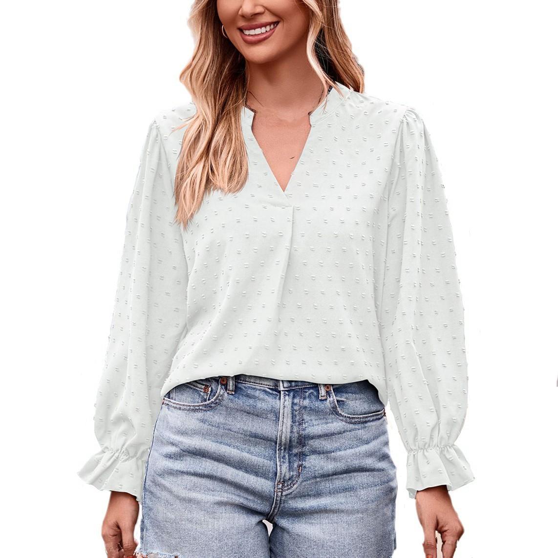 

Женская модная повседневная однотонная футболка с V-образным вырезом, свободный топ с длинными рукавами L белый