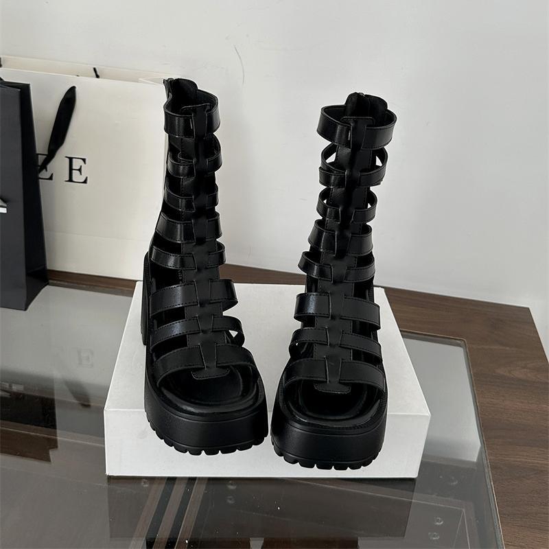 2025 Korean Version Summer Thin Sexy Roman Sandals Women Cool Feeling Black High Top Thick Sole High Heel Fashion Cool Boots Women