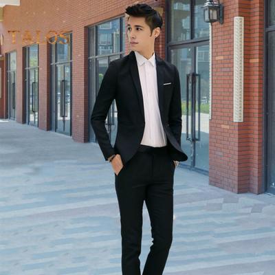 2Pcs/Set Men Slim Fit Suit Set Lapel Long Sleeve Single Button Suit Coat Mid-rise Long Pants Set Solid Color Business Outfit