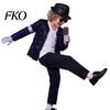 Kids Party Costume Set 80s 90s Performance Costume, Black Sequin Jacket, Top, Trousers, Hat, Metallic Striped Trousers Child Glasses, Gloves, 7 Piece