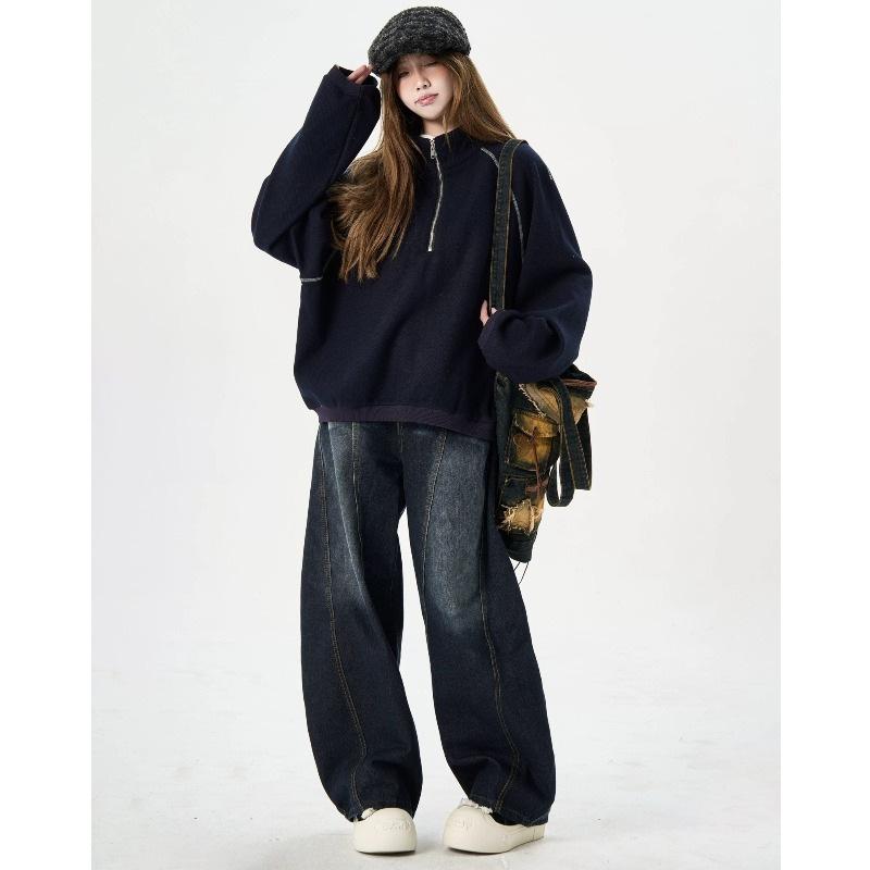 Autumn Winter Stand Collar Loose Casual Zipper Sweatshirt Women Vintage Simple All-match Pullovers Top