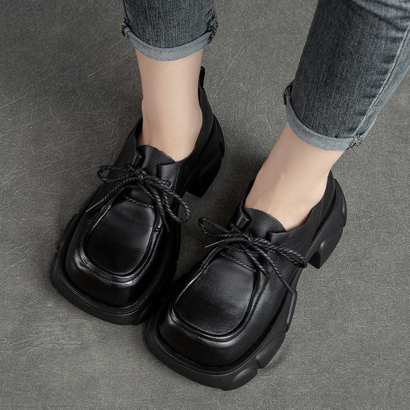 Shanghai Retro Platform Thick Sole Lace-Up Women's Loafers - Versatile, Fashionable, Height Increasing Cowhide Shoes