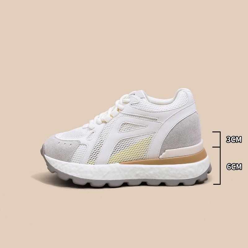 Gelbe dicksohlige 9 cm innenhöheserhöhende Damen-Herbst-Damenschuhe vielseitige Mesh atmungsaktive lässige Board-Schuhe