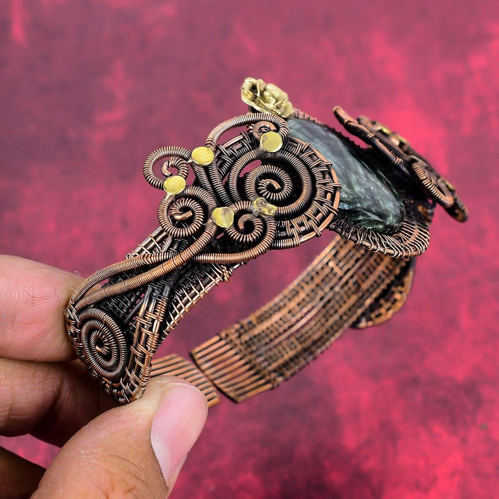 Seraphinite Gemstone Bangle Copper Wire Wrapped Cuff Bracelet Handmade Adjustable Bangle Wire Wrapped Jewelry Gifts for Mother Flower Bangle