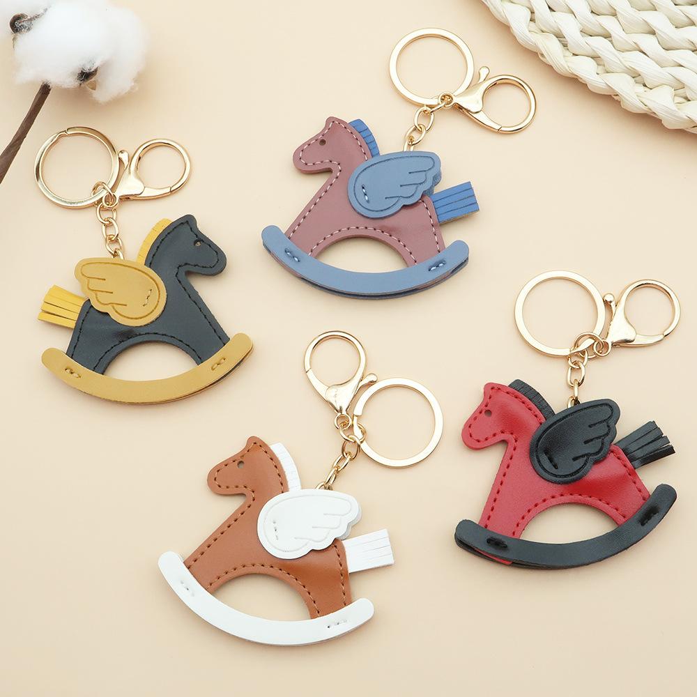 Women Leather Charms Bag Pendant KeyChain Cartoon Pony Rocking Horses Keyring Cute Animal Ornament Accessories