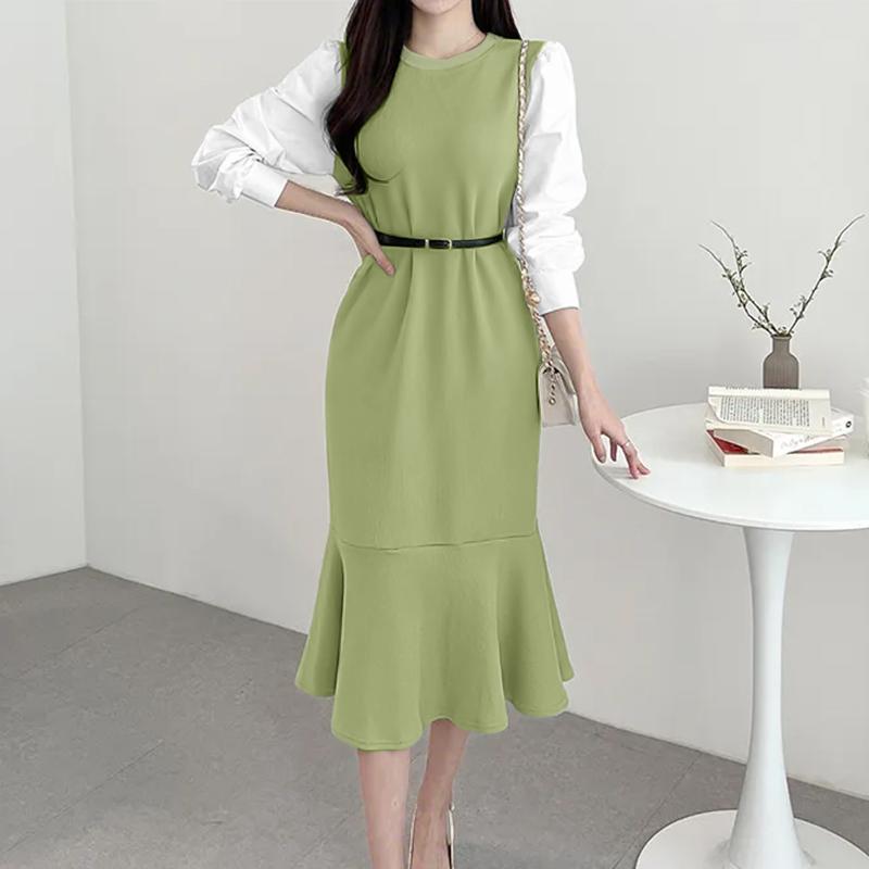 

ZANZEA Женское повседневное платье с круглым вырезом, пэчворк, длинным рукавом, свободного кроя L зелёный