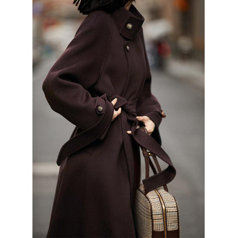 Black woolen coat women's new winter thickened lace-up long woolen coat