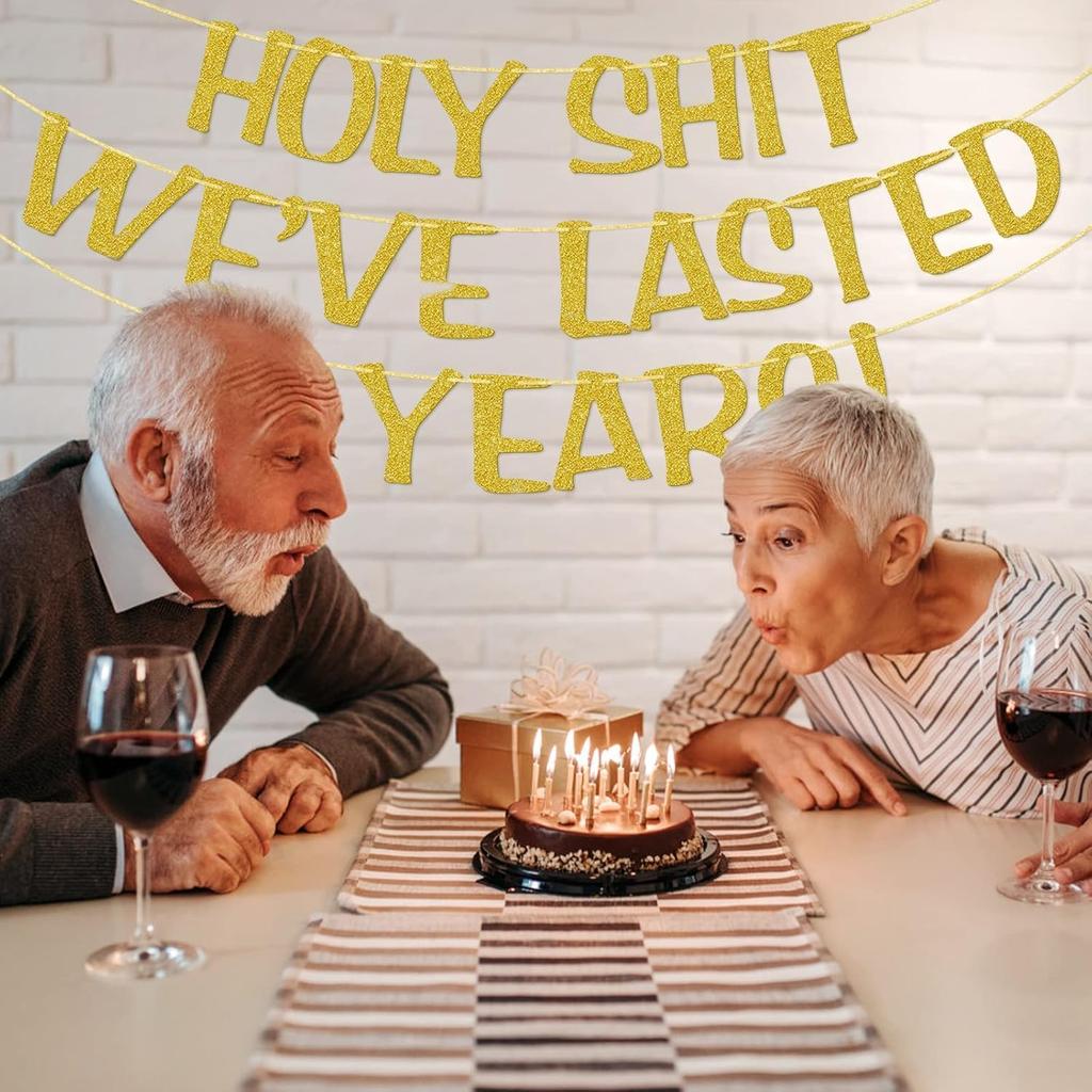 Holy We've Lasted 20 Years Banner, 20th Wedding Anniversary Party Decorations, Funny Decor for Him Her Husband Wife Parents, Pre-Strung, Gold Glitter