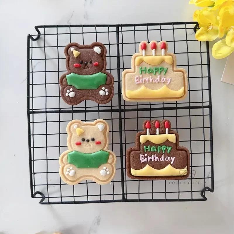 Cake Cookie Cutters Stamps Mold Happy Birthday Cute Bear Cookie Mold Frosting Biscuit Mould Fondant Cake Mold Baking Tools