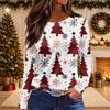 Women's Christmas Print Long Sleeve Top with Round Neck and Side Slit