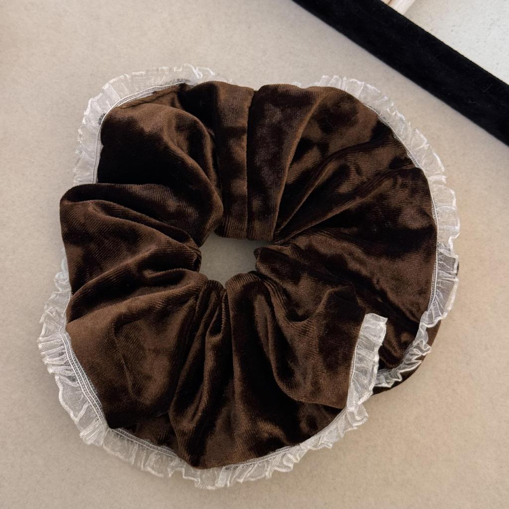 Banda de păr coreeană retro din catifea cu dantelă intestin gros - Design floral high-end pentru coadă de cal