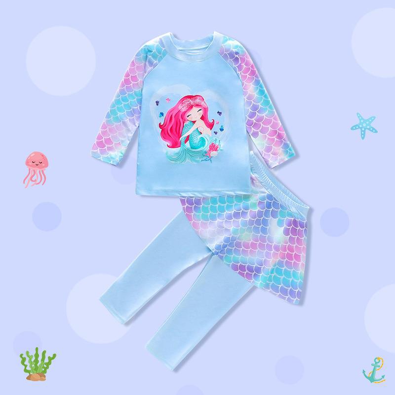 Kids' Long Sleeve Mermaid Swimsuit with Sun Protection and Quick-Dry Pants