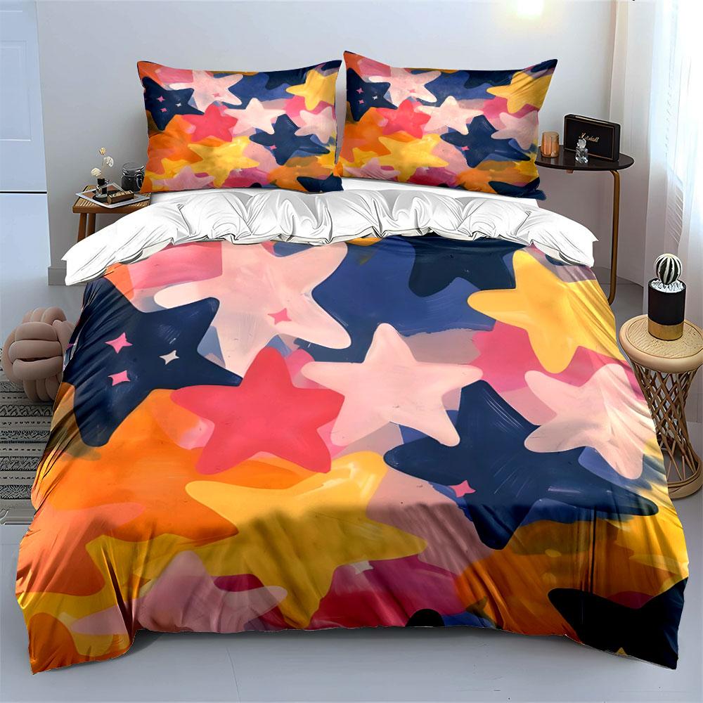 3Pcs Watercolor Star Bedding Set, Pastel Pink, Yellow and Blue Stars Print Duvet Cover + 2 Pillowcases, Cute Kids room Decor