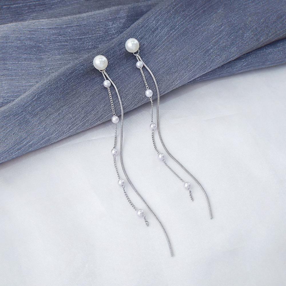 Korean Temperament Long Pendant Pearl Tassel Line Dangle Earrings for Women Wedding Party Daily Wear Jewelry Accessories Gifts