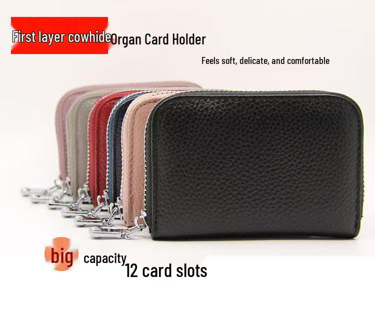 Best-Selling Women's Cowhide Zipper Accordion Card Holder with Multi-Card Slots