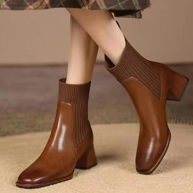 Fashion Fashiong French Retro Square Toe Women Shoes High Heeled Knitted Short Boots Temperament Thick Heeled Socks Boots 2025