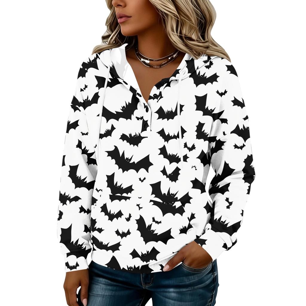 Women's Halloween Print Hoodie with Button Front - Long Sleeve Pullover Sweatshirt