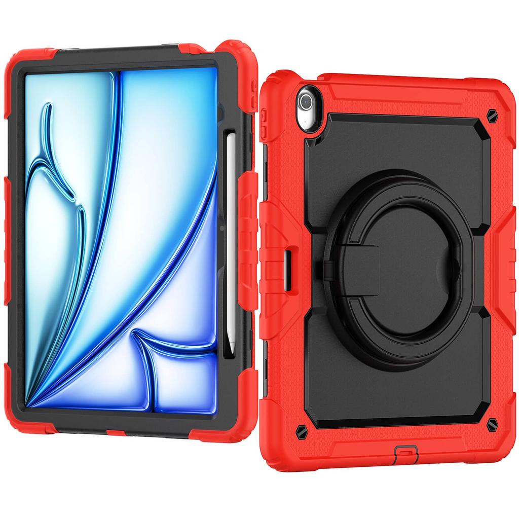 For iPad Air 13 M2 M3 2025, Military Grade Shockproof Protective Silicone Cover 360 Folding Handle Grip + Handle Shoulder Strap