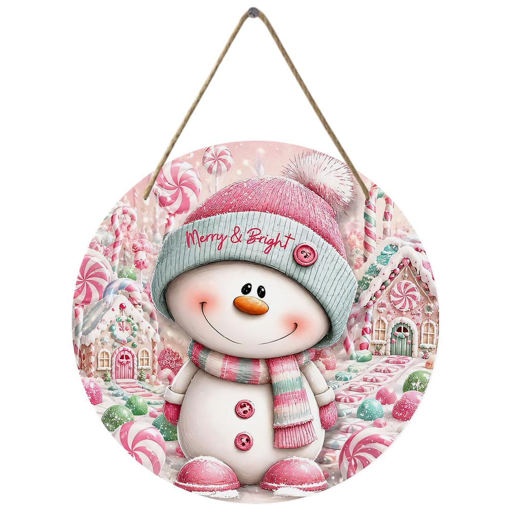 Pink snowman candy land themed round wooden hanging plaque natural wood wall sign farmhouse front door ornament festive home decor
