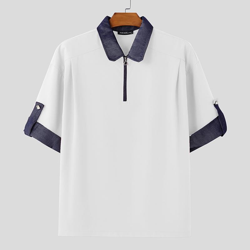 

INCERUN Oversized Men Zip-Up Lapel Neck Stitching Color Short Sleeve T-shirts Tops 4XL белый