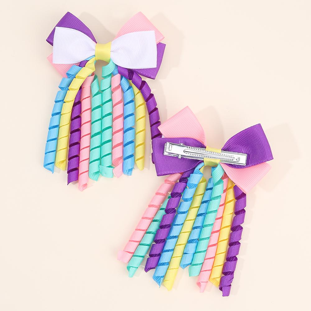 2Pcs Curly Ribbon Hair Clips For Girls Sweet Cute Colorful Tassel Bow Barrette Ponytail Hairpins Children Headdress Accessories