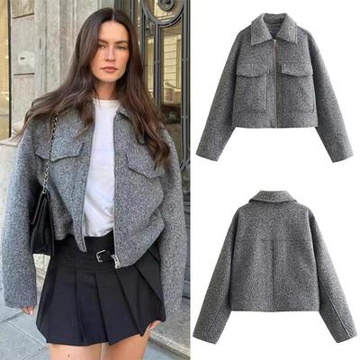 Kadın Moda Yama Cepli Kapaklı Crop Ceket Mont Vintage Uzun Kollu Ön Fermuarlı Kadın Dış Giyim Şık Üstler