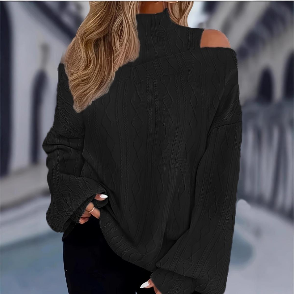 

Fall Winter New Women s Top, Casual Solid Color Off Shoulder Loose Long Sleeve Knit T-shirt 1XL чёрный