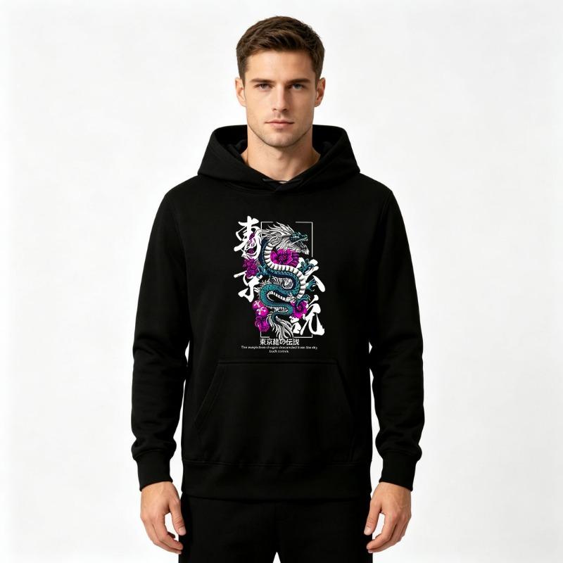 Men's Tokyo Style Japanese Dragon Floral Print Hoodie Hip Hop Streetwear Long Sleeve Casual Loose Hooded Sweatshirt Autumn Winter Pullover Tops