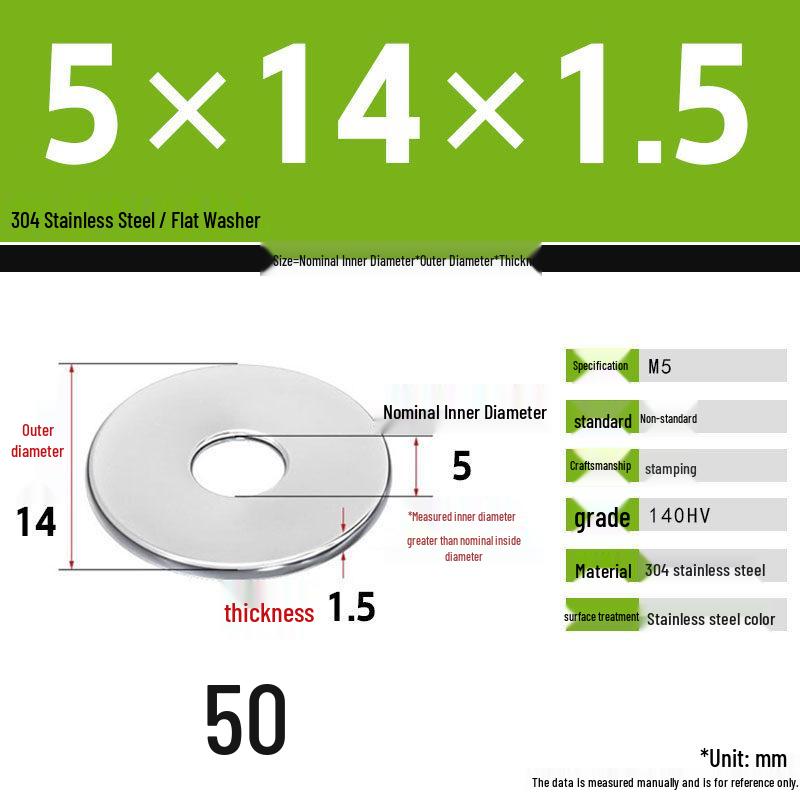 304 Stainless Steel Thickened Flat Washer Set, Sizes 2-36