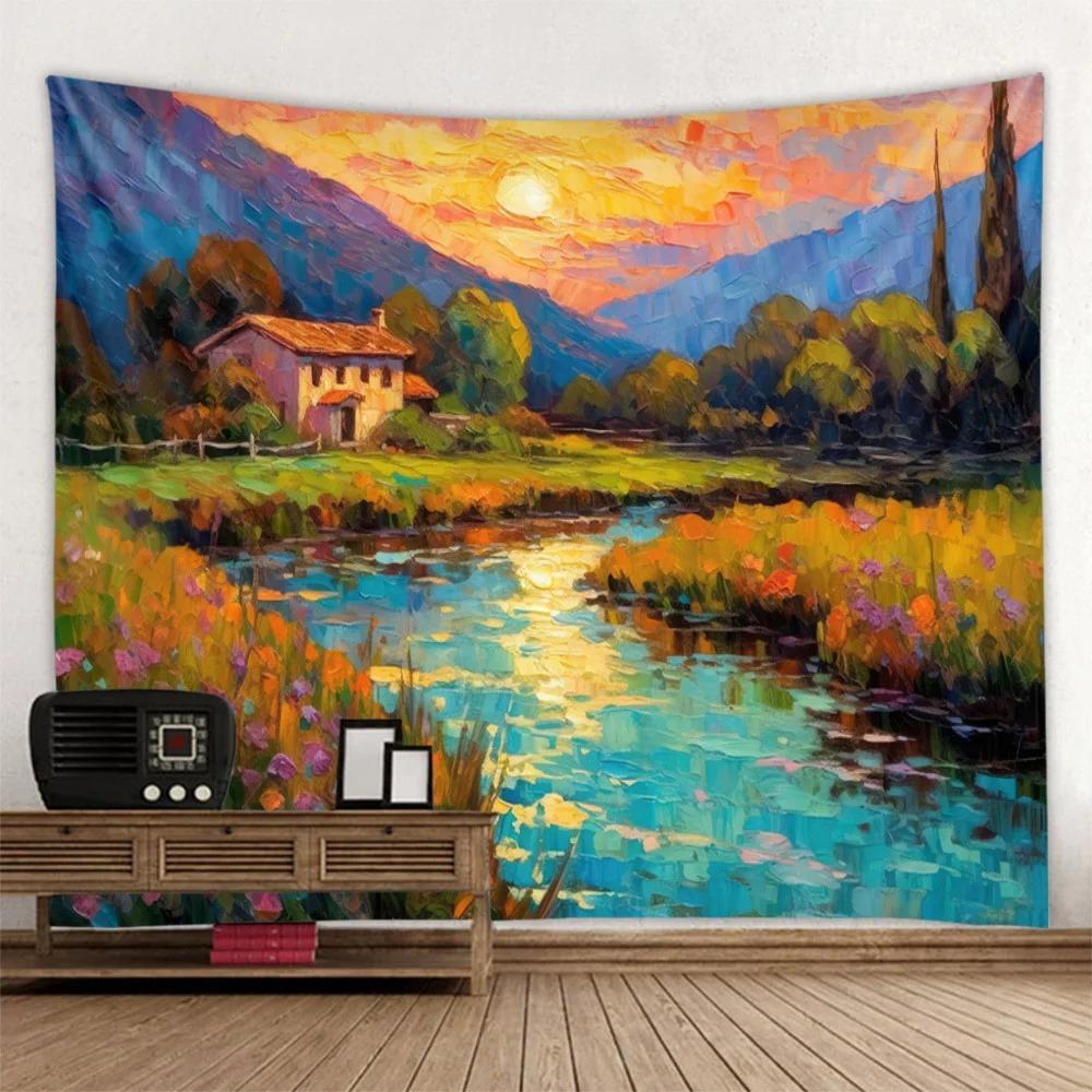 Home Decor Forest Stream Water Wall Hanging Landscape Oil Painting Tapestry Bohemian Art Living Room Bedroom