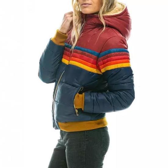 Yousheng Winter-Baumwollmantel mit Taschen Coloblock Reißverschluss Kapuze Gefüttert Winddicht Strickjacke Kurzer Typ Elastische Bündchen und Saum Baumwolljacke