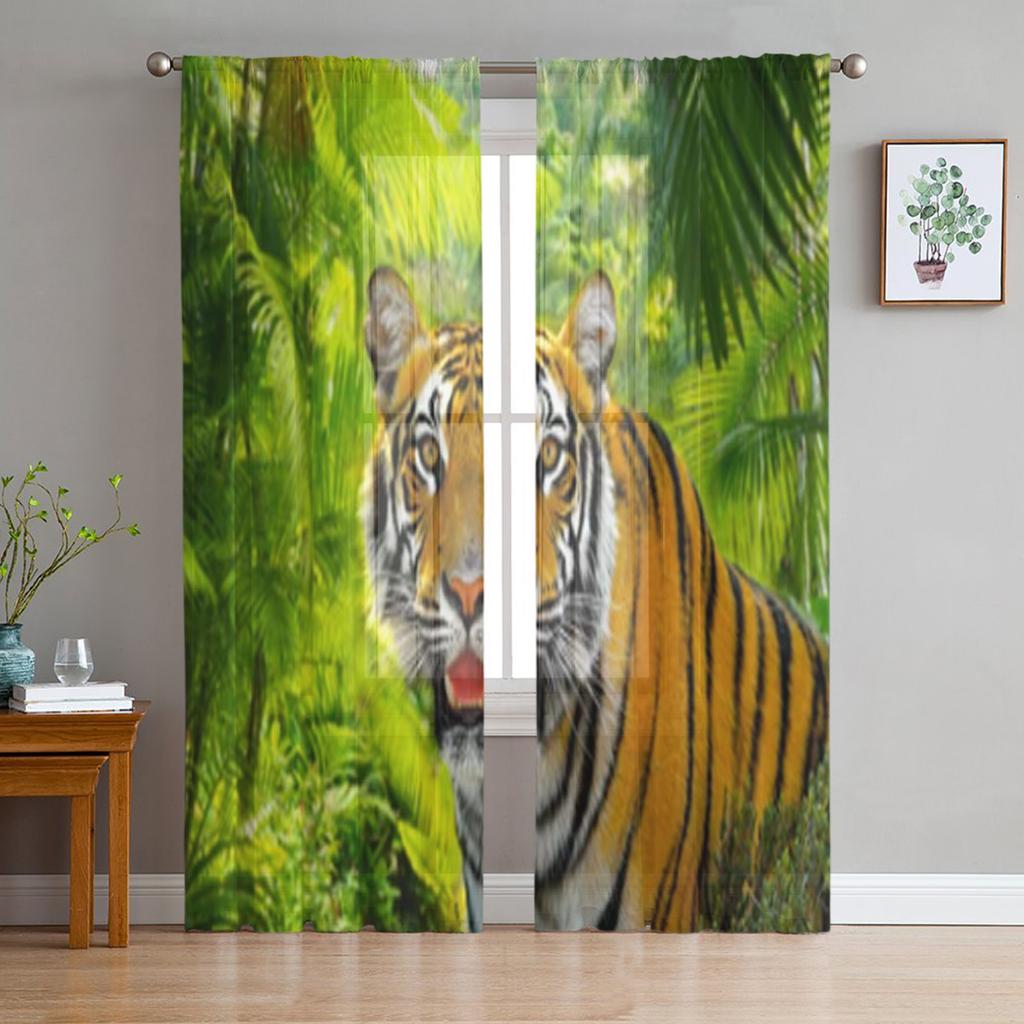 Tiger In A Rainforest Sheer Window Curtains For Living Room Bedroom Modern Voile Tulle Curtains Fabric Drapes For Kitchen