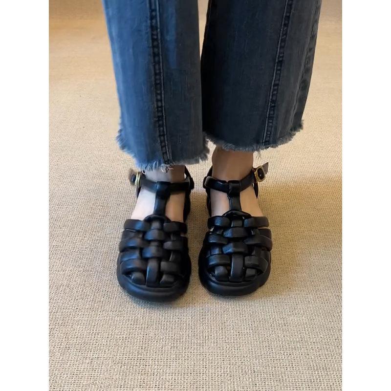 Sheepskin Version~ Super Soft Thick-soled Woven Hollowed-out Word with Roman Sandals Women's New Skirt Thick Heel Bag Head Shoes