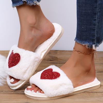 Fashion Fashion Heart Shaped Sequin Plush Slippers Women Open Toe Faux Fur Indoor Home Slides Woman Autumn Winter Fluffy Flat Slippers