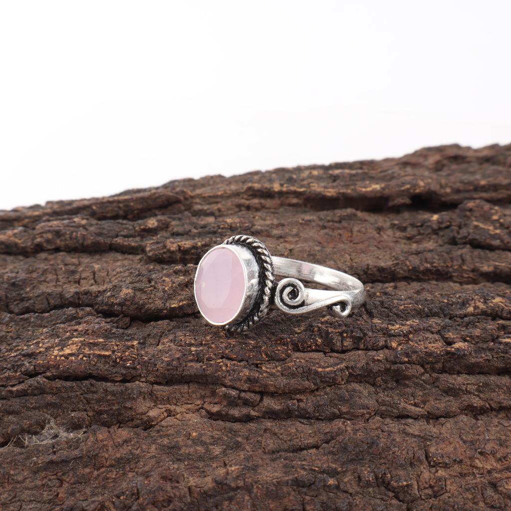 Adorables Bijoux en Pierre Gemme Calcédoine Rose, Bague en Argent Sterling 925, Bague de Guérison Fait Main Cadeau Pour Femmes