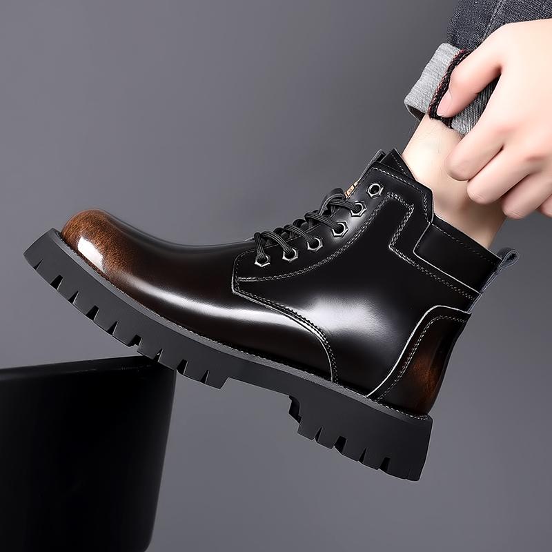 Fashion Trends Outdoor Thick Soled Genuine Leather Men's Boots Cotton-padded Shoes Fur Warm Walking Mountaineering Travel TrendBoots