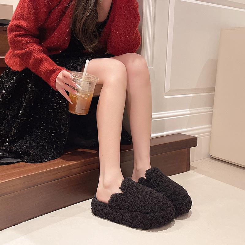 Leopardenmuster Lammwolle dicke Sohle erhöhend Plüsch Hausschuhe Damen Herbst und Winter neu Außenbekleidung Tasche Kopf Fleece warm Zuhause Baumwolle Mop