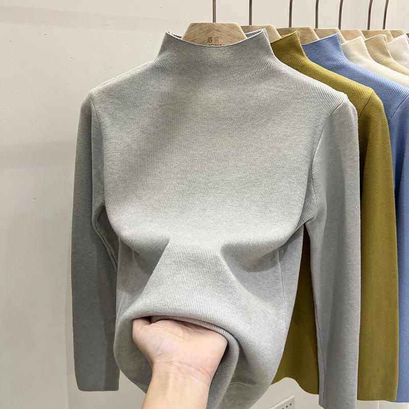 Cămașă de toamnă și iarnă pentru femei Pulover de culoare solidă Bluză subțire cu mâneci lungi Tricoturi cu gât pe jumătate