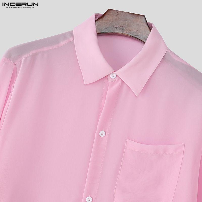 INCERUN Oversized Men Lapel Neck Drop Shoulder Long Sleeve See Through Mesh Shirts Tops