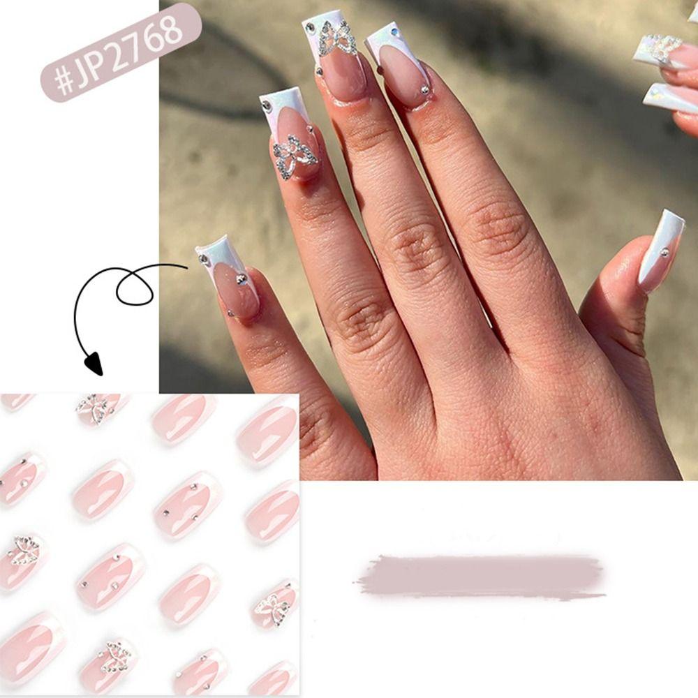 Long Square Fake Nials White Edge Nail Tips Fashion False Nails  Women Girls