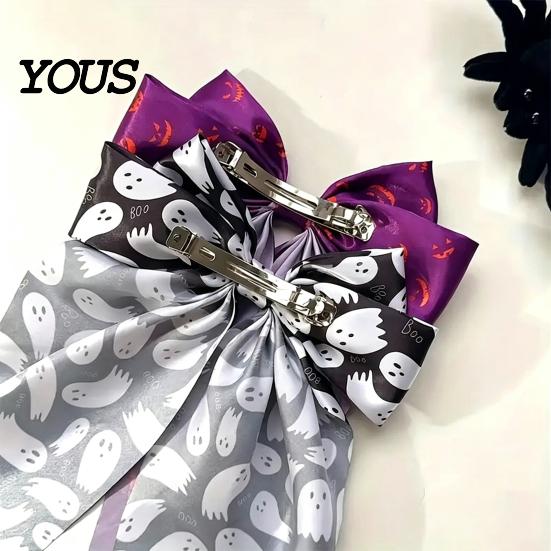 Halloween Hair Clip Silky Satin Bows for Women, Big Ribbon Bow Clips Girls, Decorative Oversized Long Tail Barrettes, Cute Ghost Bat